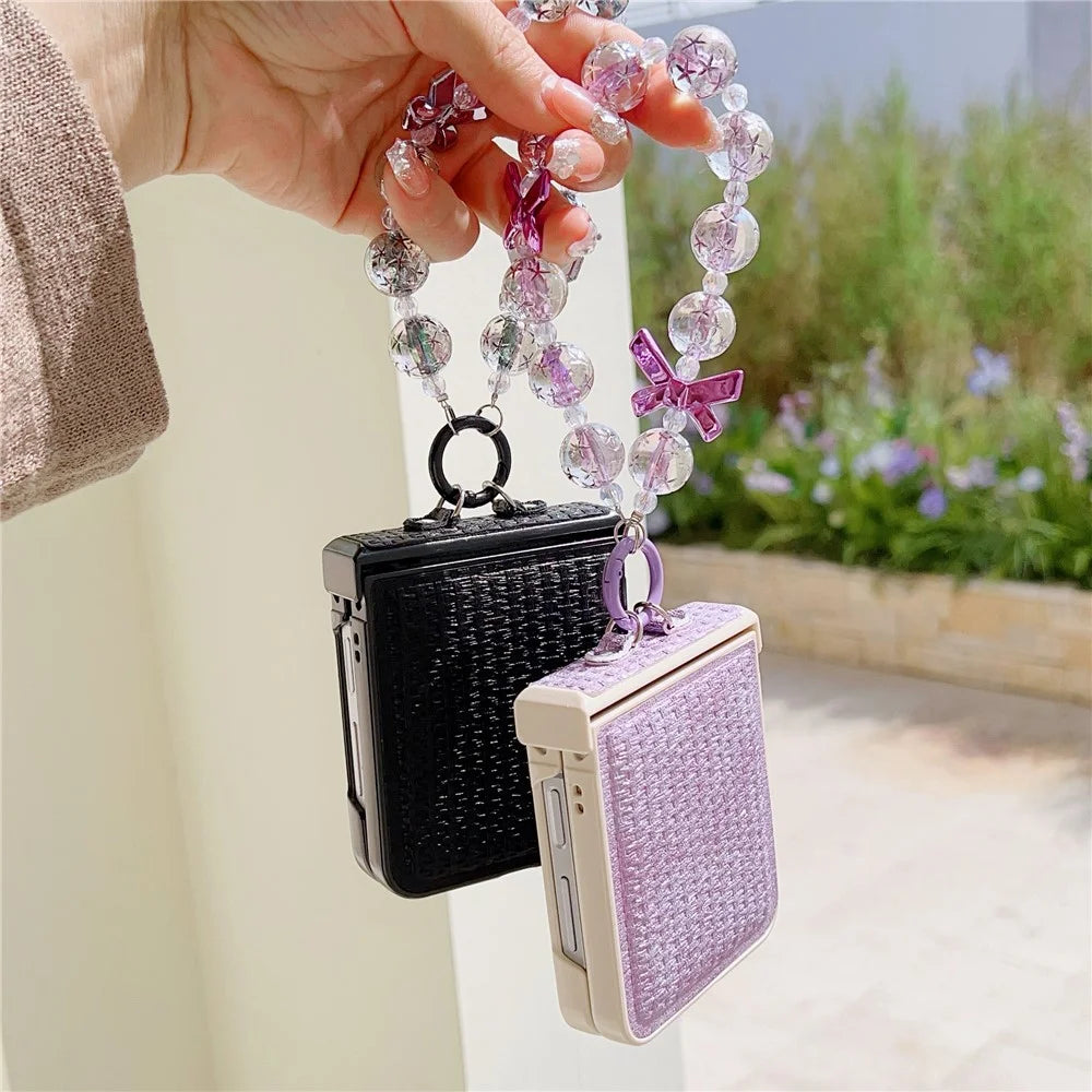 For Samsung Galaxy Z Flip7 FE 5G / Z Flip6 5G Case Silk Texture Luxury Style PU Leather + PC Phone Cover with Butterfly Bow Strap - Black - 7