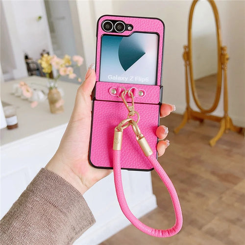 For Samsung Galaxy Z Flip7 FE 5G / Z Flip6 5G Case Litchi Texture PU + PC Phone Back Cover with Strap - Rose - 1