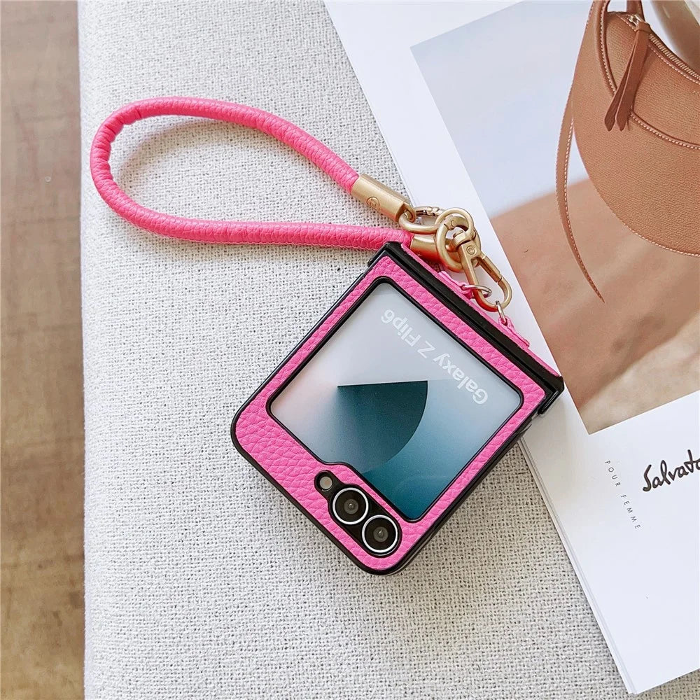 For Samsung Galaxy Z Flip7 FE 5G / Z Flip6 5G Case Litchi Texture PU + PC Phone Back Cover with Strap - Rose - 4