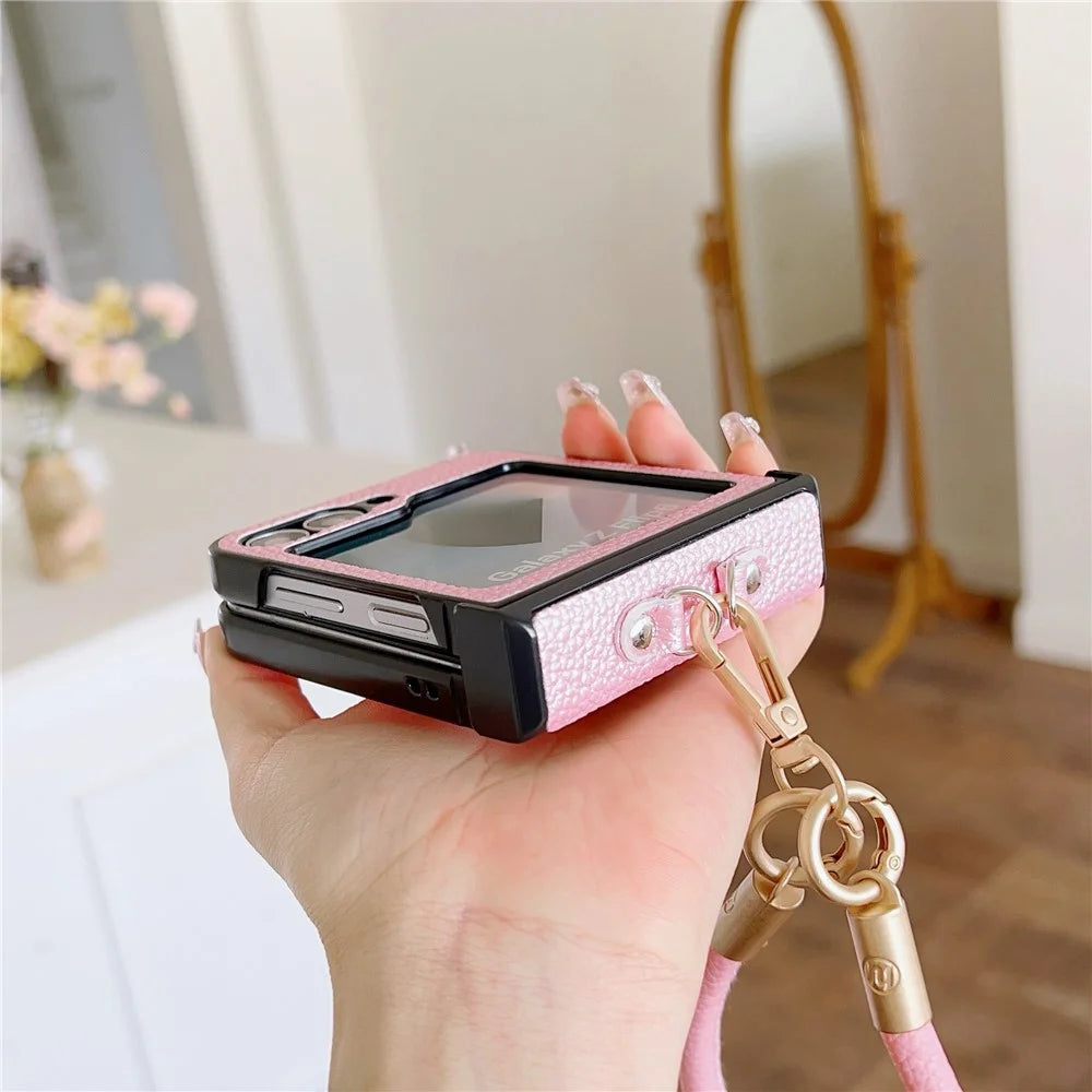 For Samsung Galaxy Z Flip7 FE 5G / Z Flip6 5G Case Litchi Texture PU + PC Phone Back Cover with Strap - Rose - 5