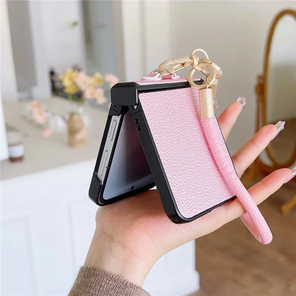 For Samsung Galaxy Z Flip7 FE 5G / Z Flip6 5G Case Litchi Texture PU + PC Phone Back Cover with Strap - Rose - 6