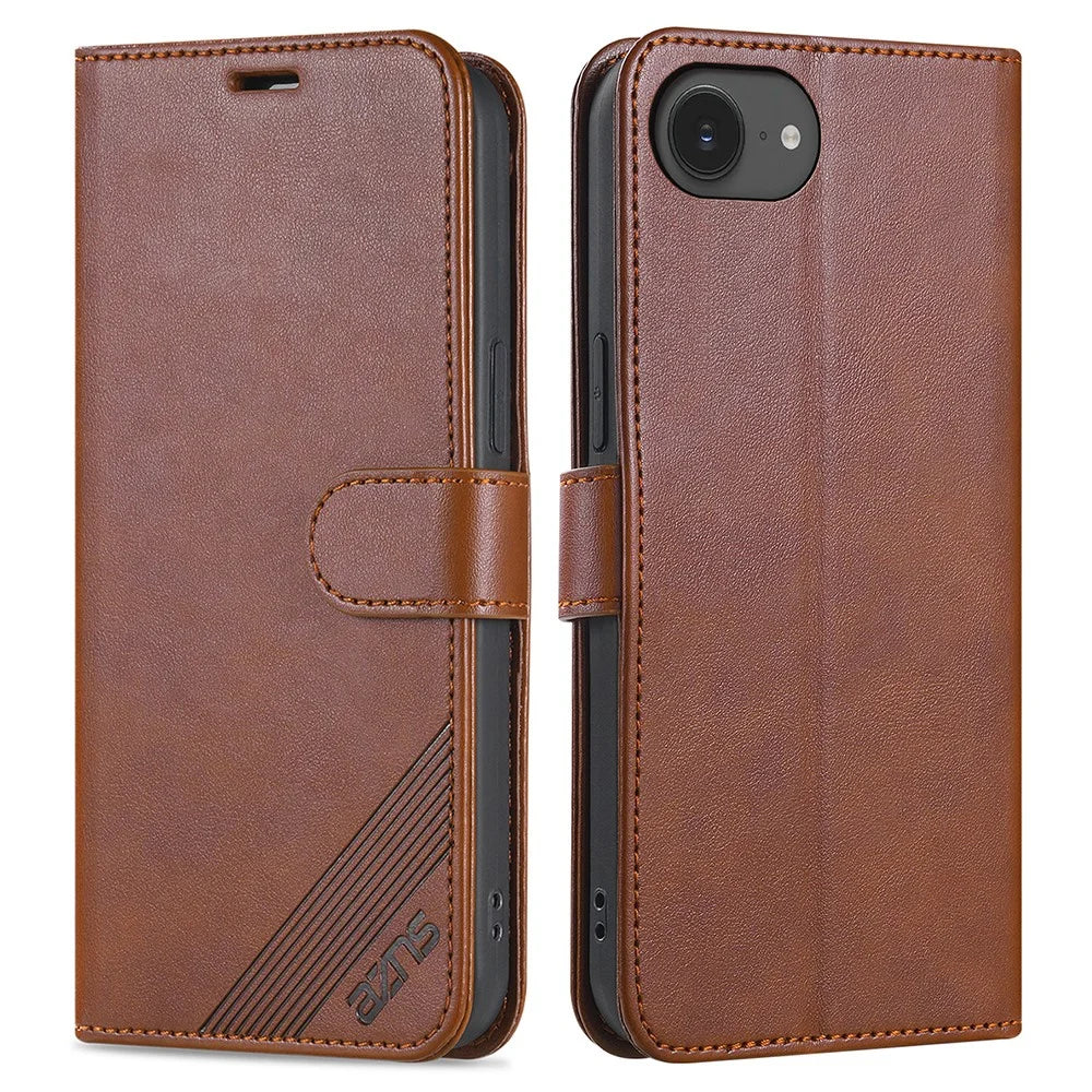 AZNS For iPhone 17e / 16e Case Anti-Scratch PU Leather Stand Wallet Phone Cover - Brown - 1