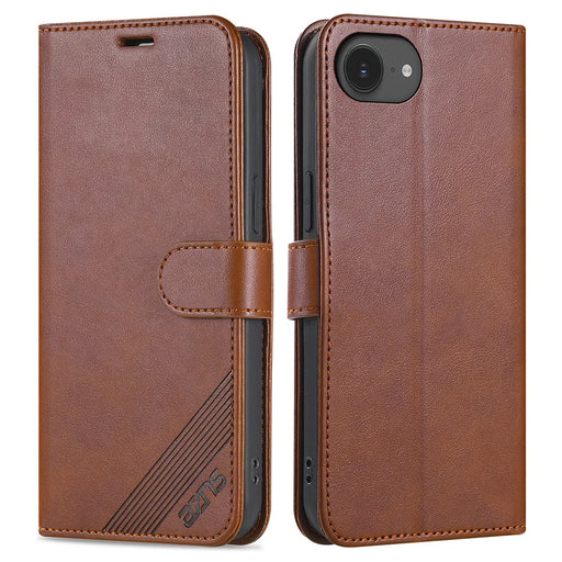 AZNS For iPhone 17e / 16e Case Anti-Scratch PU Leather Stand Wallet Phone Cover - Brown - 1