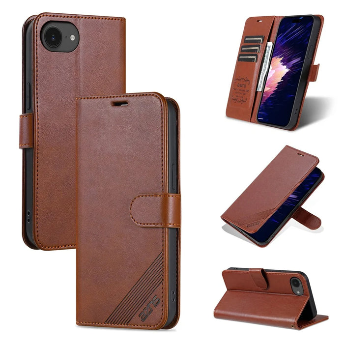 AZNS For iPhone 17e / 16e Case Anti-Scratch PU Leather Stand Wallet Phone Cover - Brown - 5