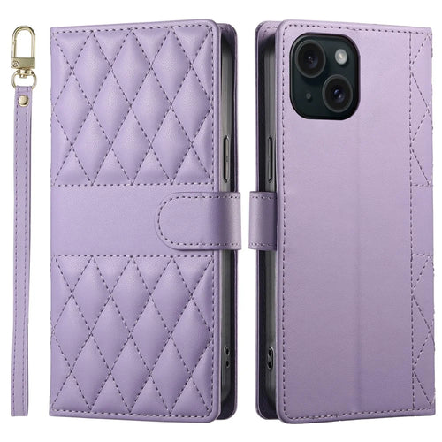 For iPhone 15 Case Rhombus Stitching Wallet Stand Leather Phone Cover with Long  /  Short Strap - Purple - 1