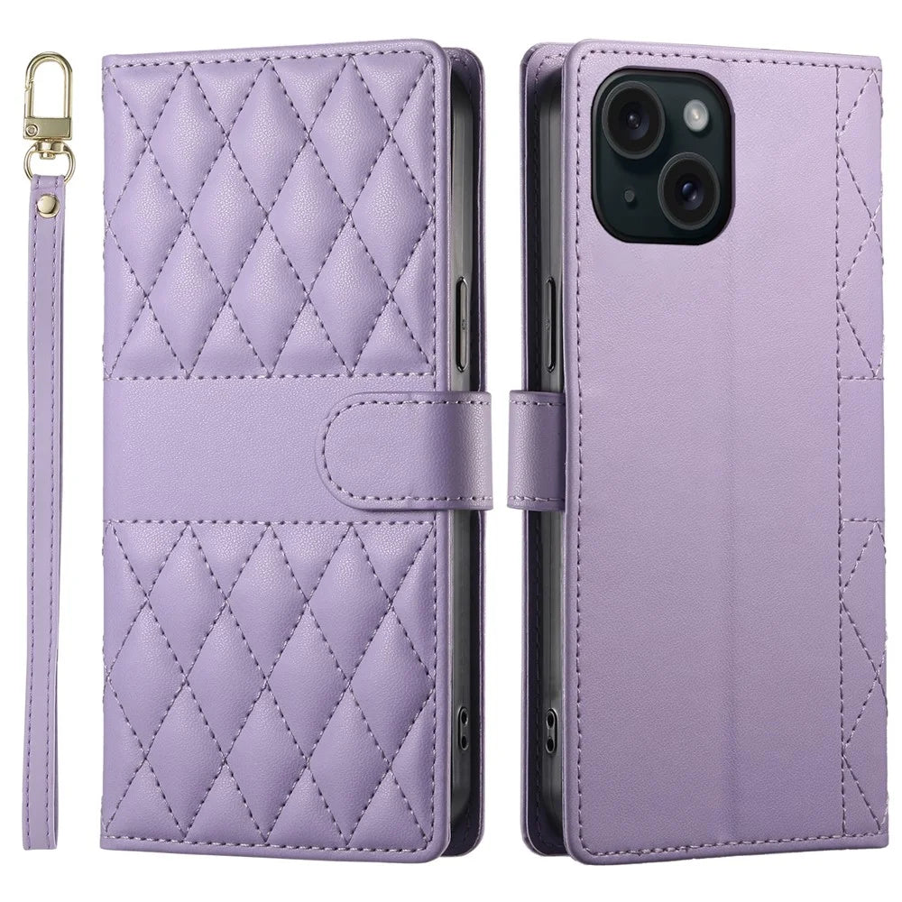 For iPhone 15 Case Rhombus Stitching Wallet Stand Leather Phone Cover with Long  /  Short Strap - Purple - 1