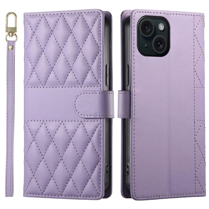 For iPhone 15 Case Rhombus Stitching Wallet Stand Leather Phone Cover with Long  /  Short Strap - Purple - 1