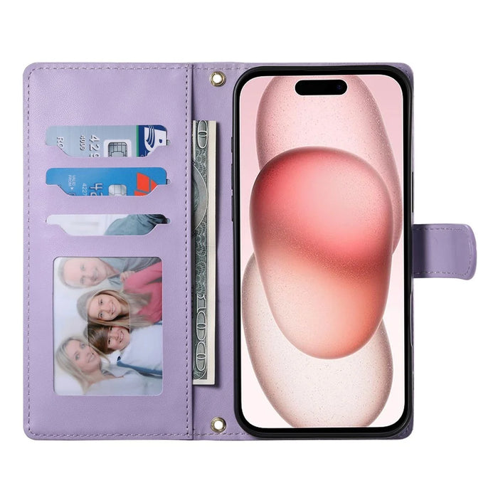 For iPhone 15 Case Rhombus Stitching Wallet Stand Leather Phone Cover with Long  /  Short Strap - Purple - 2