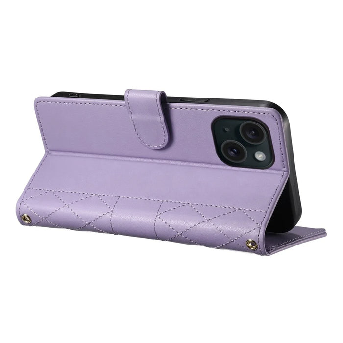 For iPhone 15 Case Rhombus Stitching Wallet Stand Leather Phone Cover with Long  /  Short Strap - Purple - 4