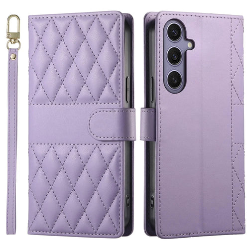 For Samsung Galaxy S25  /  S24 Case Rhombus Stitching Wallet Stand Leather Phone Cover with Long  /  Short Strap - Purple - 1