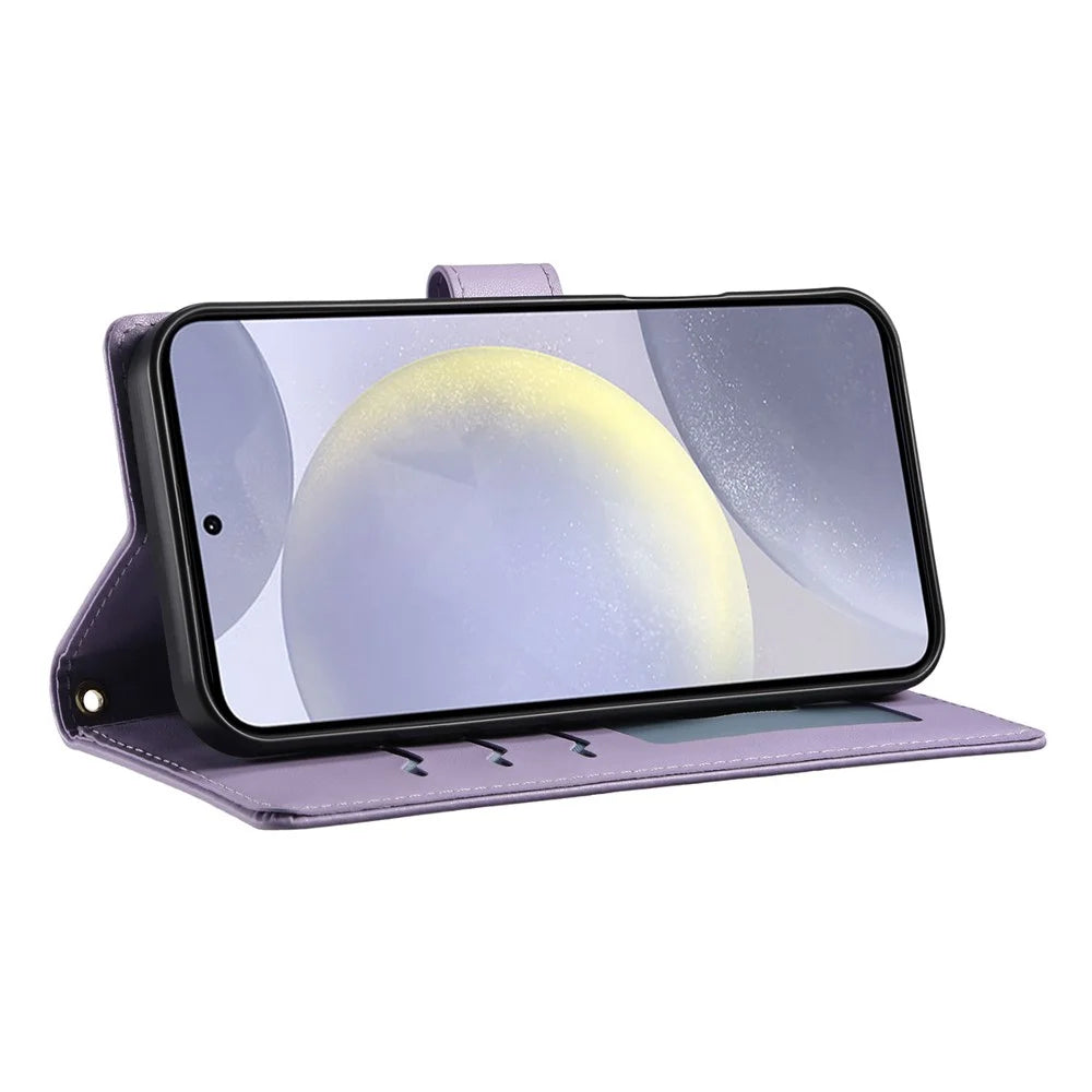 For Samsung Galaxy S25  /  S24 Case Rhombus Stitching Wallet Stand Leather Phone Cover with Long  /  Short Strap - Purple - 3