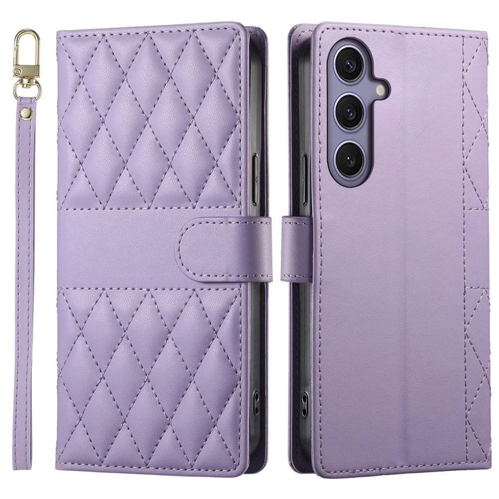 For Samsung Galaxy S25+  /  S24+ Case Rhombus Stitching Wallet Stand Leather Phone Cover with Long  /  Short Strap - Purple - 1