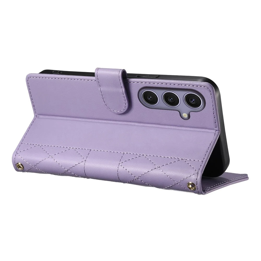 For Samsung Galaxy S25+  /  S24+ Case Rhombus Stitching Wallet Stand Leather Phone Cover with Long  /  Short Strap - Purple - 4