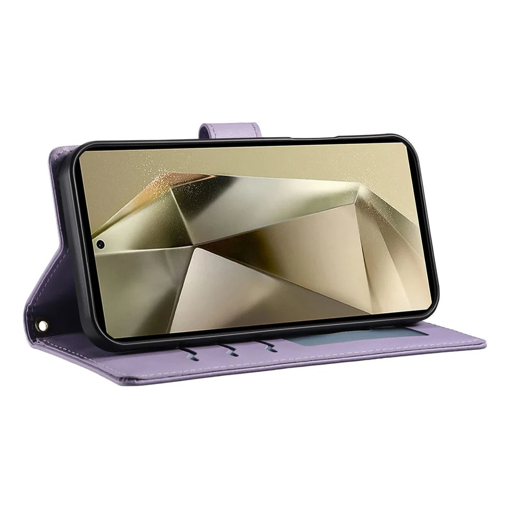 For Samsung Galaxy S24 Ultra Case Rhombus Stitching Wallet Stand Leather Phone Cover with Long  /  Short Strap - Purple - 3