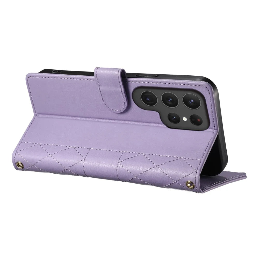 For Samsung Galaxy S24 Ultra Case Rhombus Stitching Wallet Stand Leather Phone Cover with Long  /  Short Strap - Purple - 4