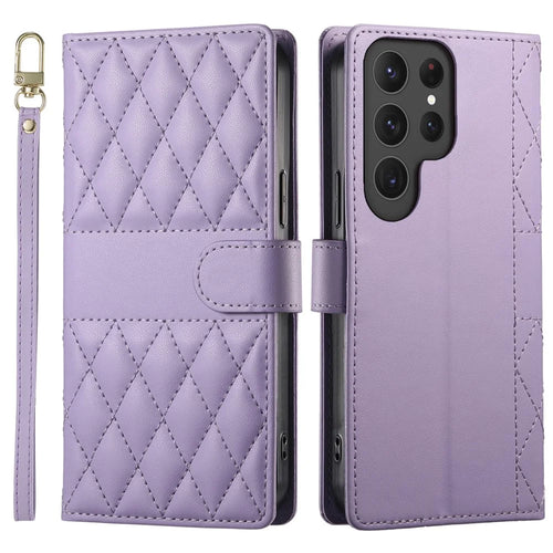 For Samsung Galaxy S25 Ultra Case Rhombus Stitching Wallet Stand Leather Phone Cover with Long  /  Short Strap - Purple - 1