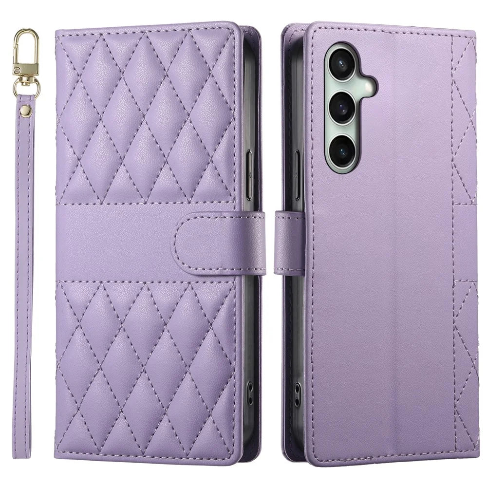 For Samsung Galaxy S24 FE Case Rhombus Stitching Wallet Stand Leather Phone Cover with Long  /  Short Strap - Purple - 1