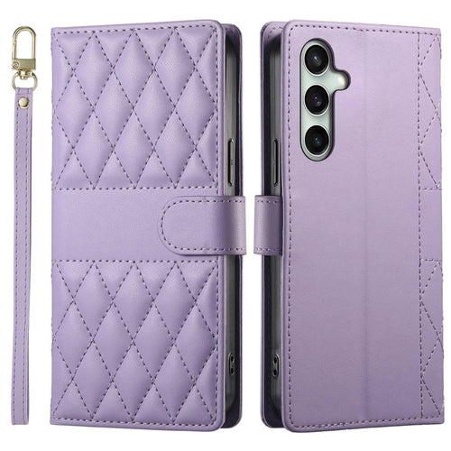 For Samsung Galaxy S24 FE Case Rhombus Stitching Wallet Stand Leather Phone Cover with Long  /  Short Strap - Purple - 1