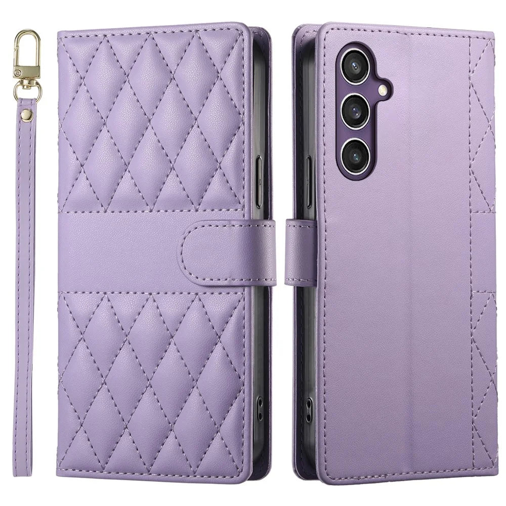 For Samsung Galaxy S23 FE Case Rhombus Stitching Wallet Stand Leather Phone Cover with Long  /  Short Strap - Purple - 1