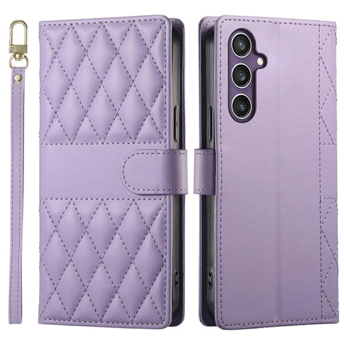 For Samsung Galaxy S23 FE Case Rhombus Stitching Wallet Stand Leather Phone Cover with Long  /  Short Strap - Purple - 1