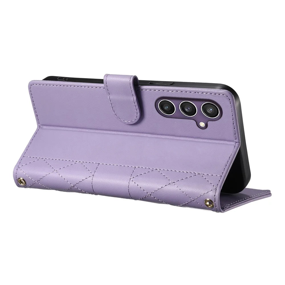 For Samsung Galaxy S23 FE Case Rhombus Stitching Wallet Stand Leather Phone Cover with Long  /  Short Strap - Purple - 2