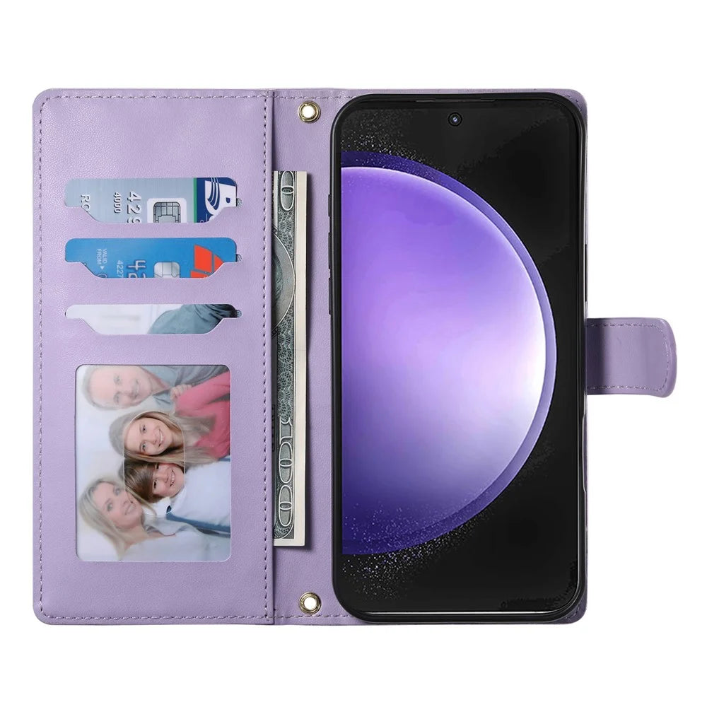 For Samsung Galaxy S23 FE Case Rhombus Stitching Wallet Stand Leather Phone Cover with Long  /  Short Strap - Purple - 4