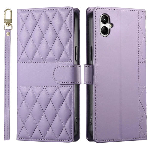 For Samsung Galaxy A05 4G Case Rhombus Stitching Wallet Stand Leather Phone Cover with Long  /  Short Strap - Purple - 1
