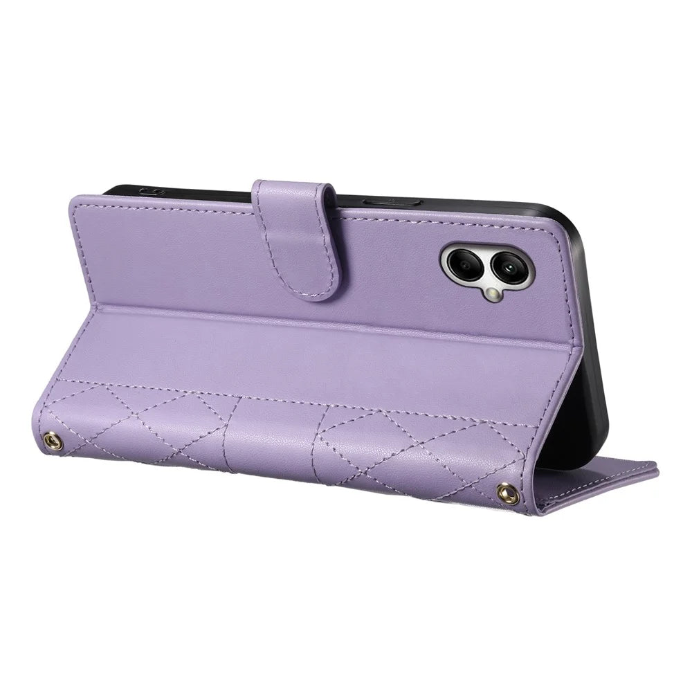 For Samsung Galaxy A05 4G Case Rhombus Stitching Wallet Stand Leather Phone Cover with Long  /  Short Strap - Purple - 4
