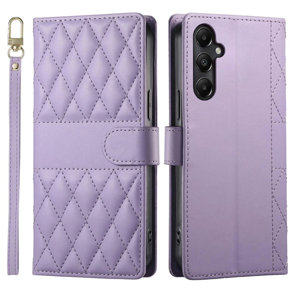 For Samsung Galaxy A05s 4G Case Rhombus Stitching Wallet Stand Leather Phone Cover with Long  /  Short Strap - Purple - 1