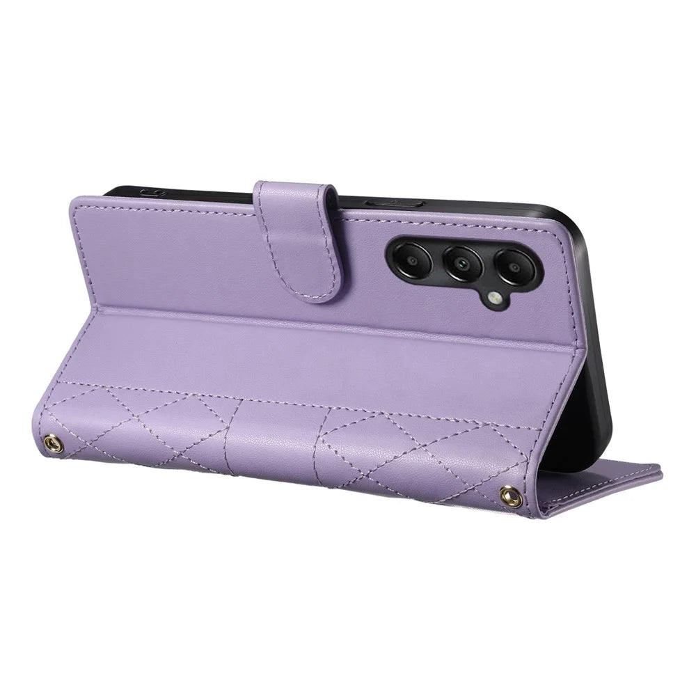For Samsung Galaxy A05s 4G Case Rhombus Stitching Wallet Stand Leather Phone Cover with Long  /  Short Strap - Purple - 4