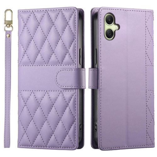 For Samsung Galaxy A06 4G Case Rhombus Stitching Wallet Stand Leather Phone Cover with Long  /  Short Strap - Purple - 1