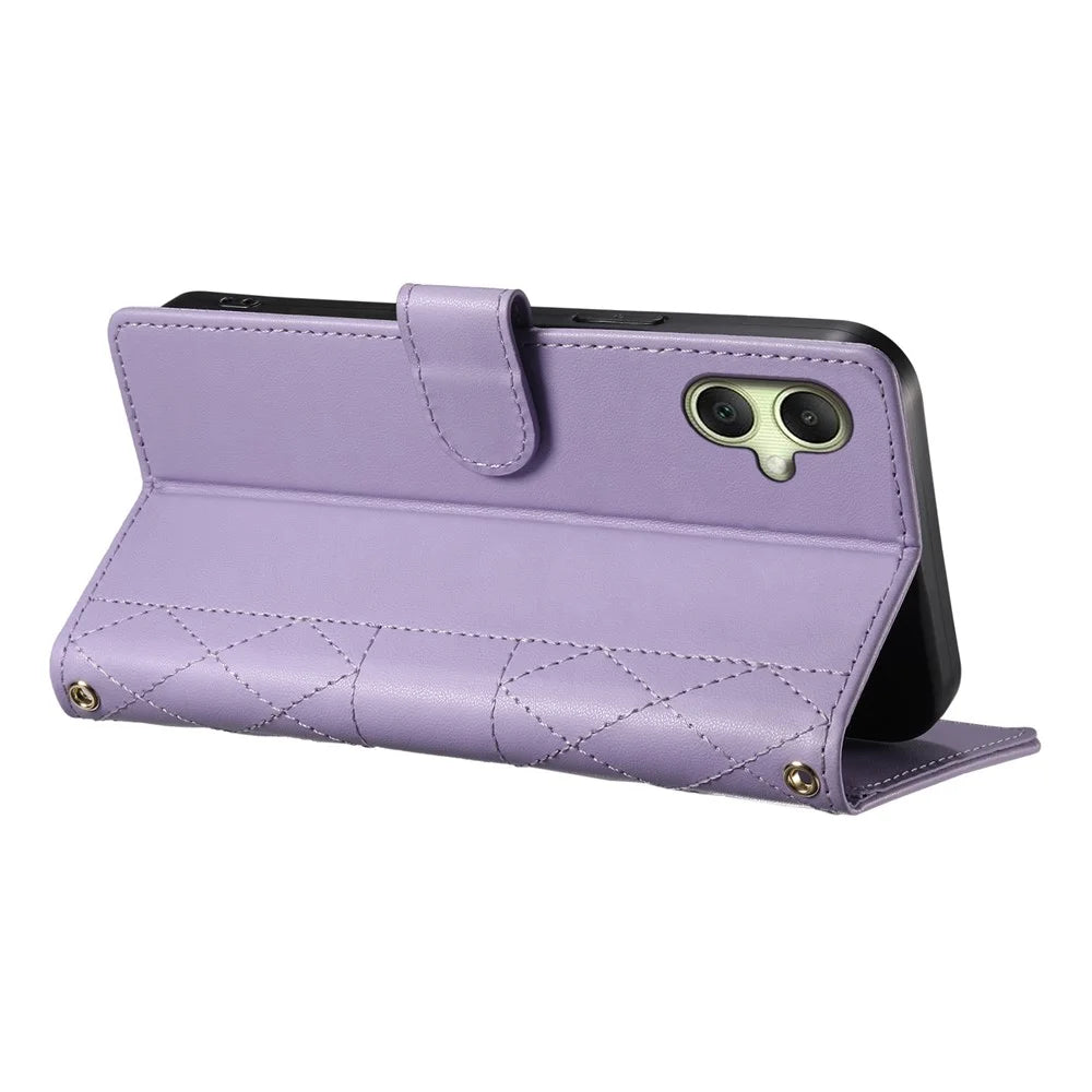 For Samsung Galaxy A06 4G Case Rhombus Stitching Wallet Stand Leather Phone Cover with Long  /  Short Strap - Purple - 4