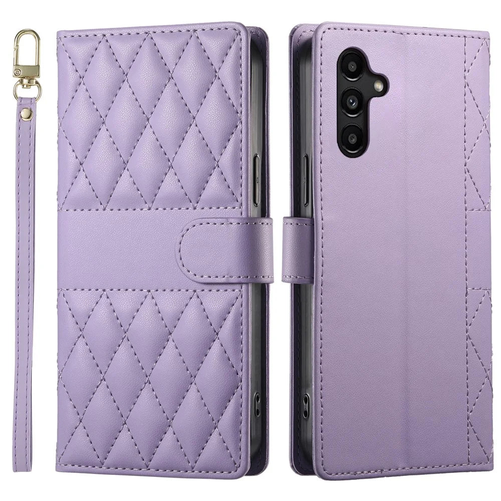 For Samsung Galaxy A15 5G  /  4G Case Rhombus Stitching Wallet Stand Leather Phone Cover with Long  /  Short Strap - Purple - 1
