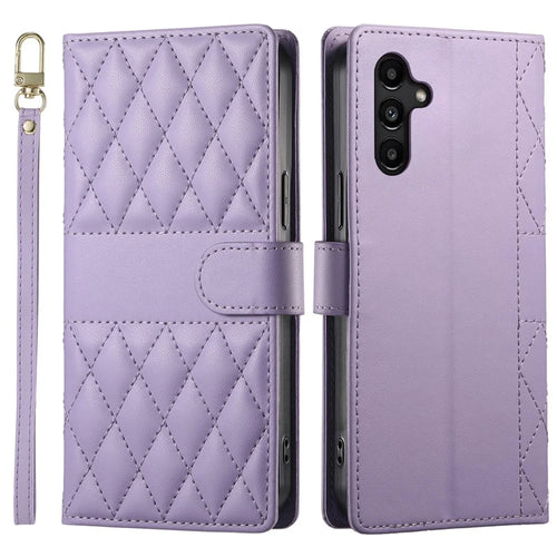 For Samsung Galaxy A15 5G  /  4G Case Rhombus Stitching Wallet Stand Leather Phone Cover with Long  /  Short Strap - Purple - 1