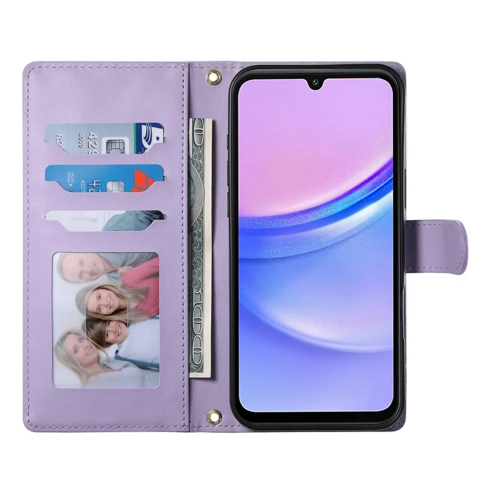 For Samsung Galaxy A15 5G  /  4G Case Rhombus Stitching Wallet Stand Leather Phone Cover with Long  /  Short Strap - Purple - 2