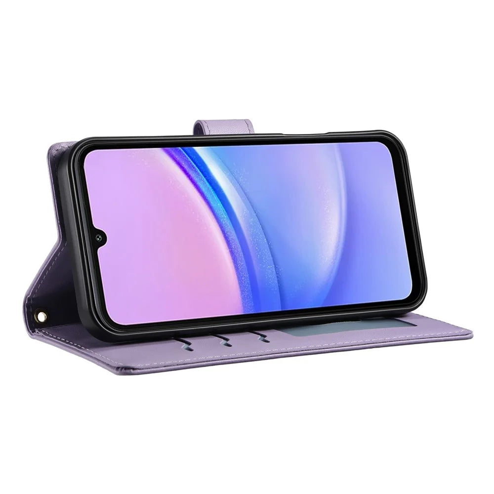 For Samsung Galaxy A15 5G  /  4G Case Rhombus Stitching Wallet Stand Leather Phone Cover with Long  /  Short Strap - Purple - 3