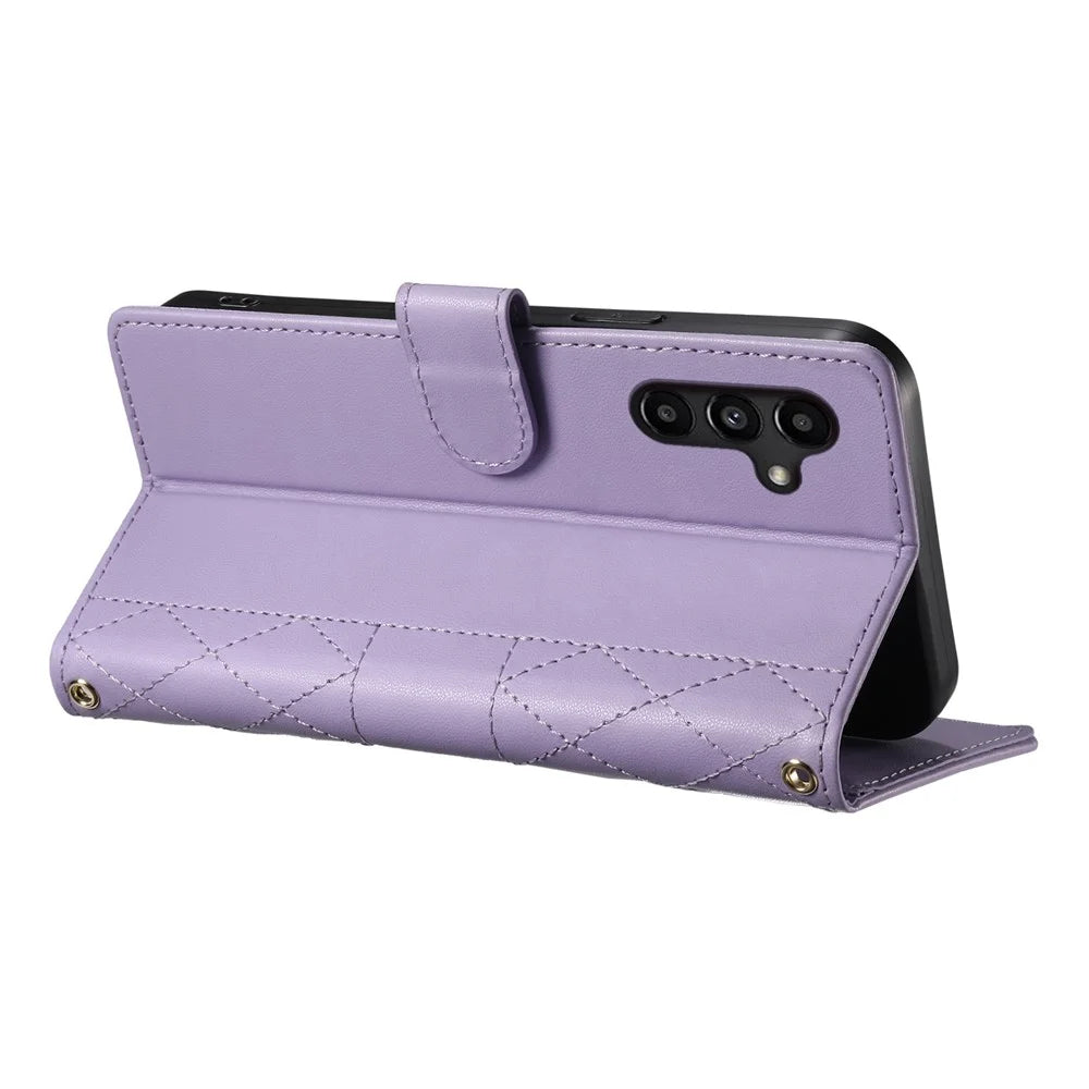 For Samsung Galaxy A15 5G  /  4G Case Rhombus Stitching Wallet Stand Leather Phone Cover with Long  /  Short Strap - Purple - 4