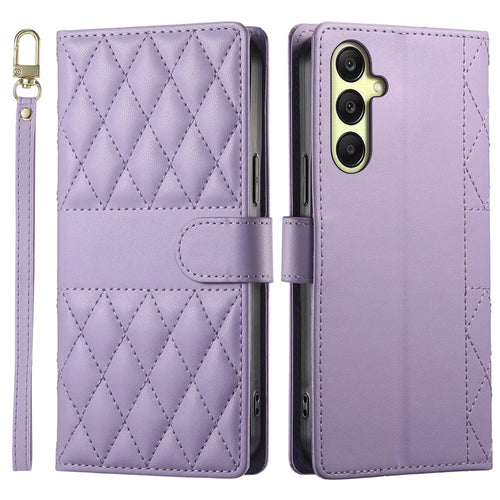 For Samsung Galaxy A16 5G  /  4G Case Rhombus Stitching Wallet Stand Leather Phone Cover with Long  /  Short Strap - Purple - 1