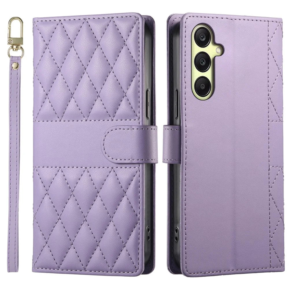 For Samsung Galaxy A26 5G Case Rhombus Stitching Wallet Stand Leather Phone Cover with Long  /  Short Strap - Purple - 1