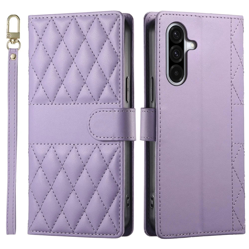 For Samsung Galaxy A36 5G Case Rhombus Stitching Wallet Stand Leather Phone Cover with Long / Short Strap - Purple - 1