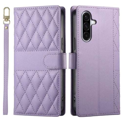 For Samsung Galaxy A36 5G Case Rhombus Stitching Wallet Stand Leather Phone Cover with Long / Short Strap - Purple - 1