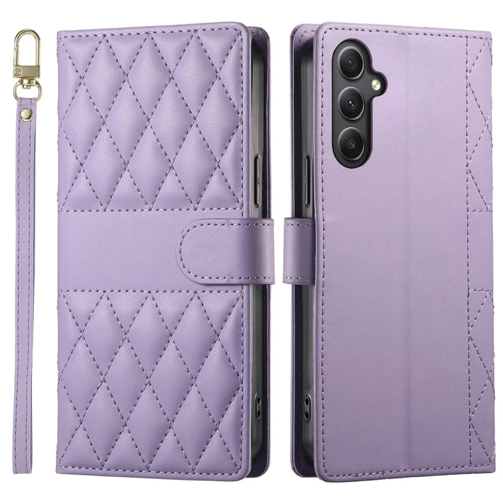 For Samsung Galaxy A35 5G Case Rhombus Stitching Wallet Stand Leather Phone Cover with Long  /  Short Strap - Purple - 1
