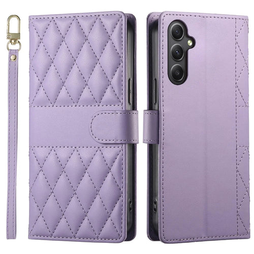 For Samsung Galaxy A35 5G Case Rhombus Stitching Wallet Stand Leather Phone Cover with Long  /  Short Strap - Purple - 1