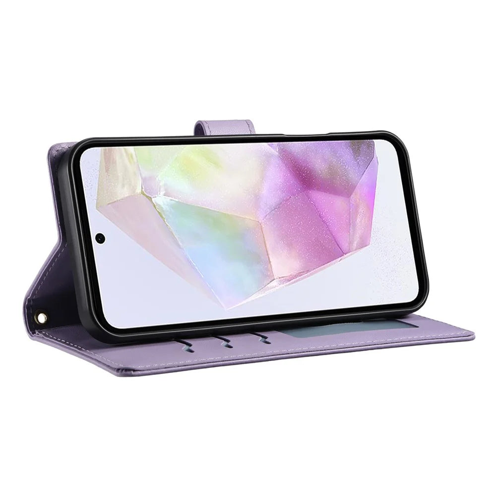 For Samsung Galaxy A35 5G Case Rhombus Stitching Wallet Stand Leather Phone Cover with Long  /  Short Strap - Purple - 3