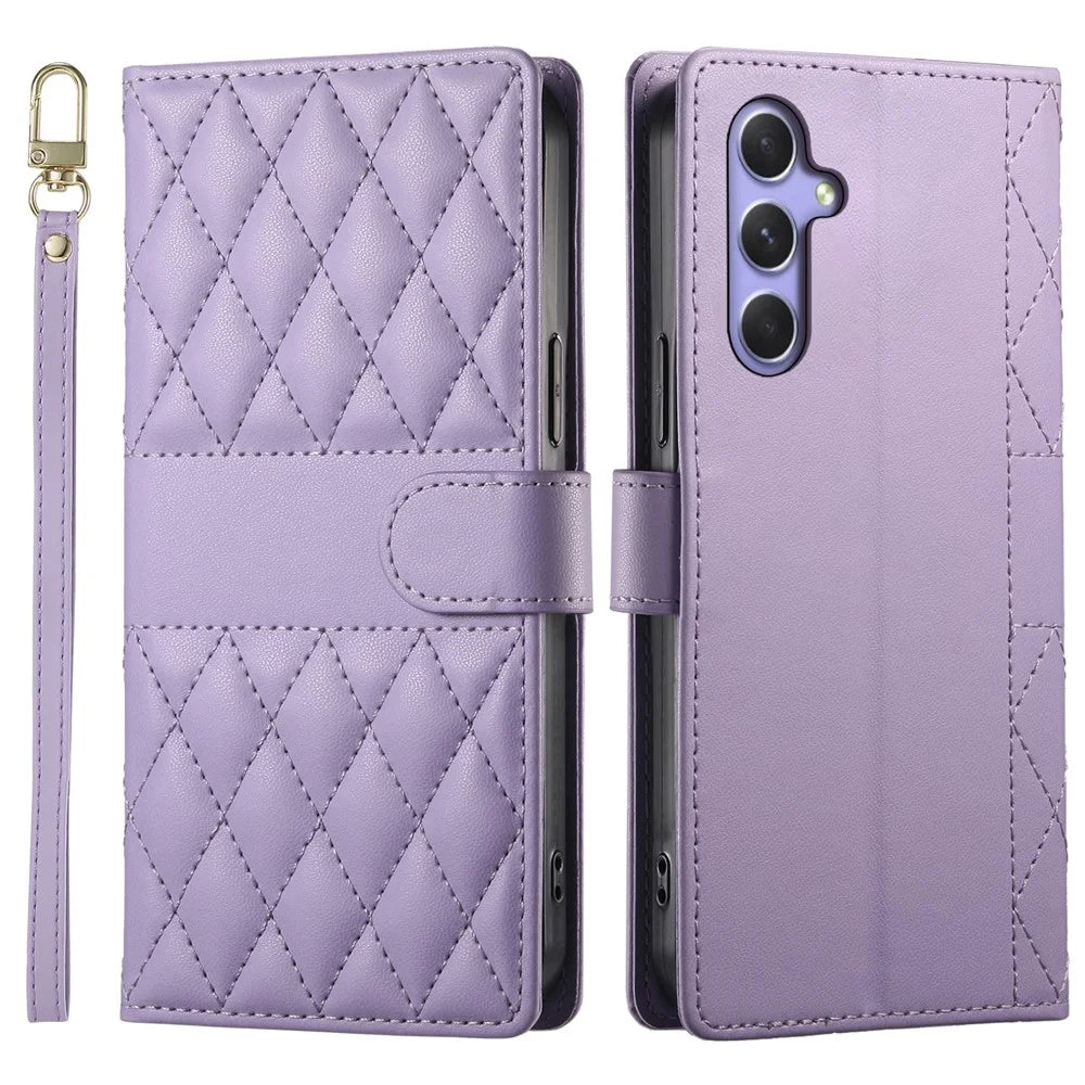 For Samsung Galaxy A55 5G Case Rhombus Stitching Wallet Stand Leather Phone Cover with Long  /  Short Strap - Purple - 1