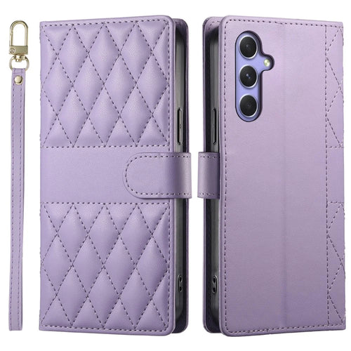 For Samsung Galaxy A55 5G Case Rhombus Stitching Wallet Stand Leather Phone Cover with Long  /  Short Strap - Purple - 1
