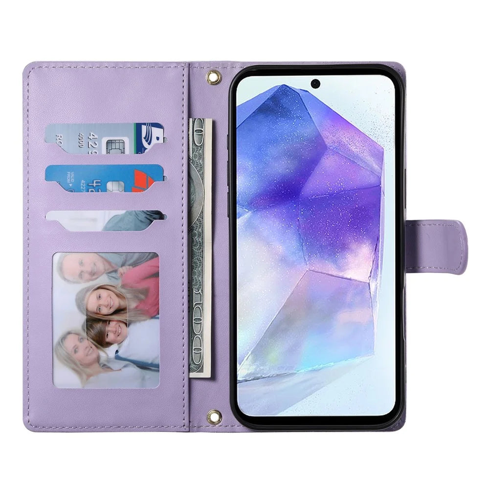 For Samsung Galaxy A55 5G Case Rhombus Stitching Wallet Stand Leather Phone Cover with Long  /  Short Strap - Purple - 2