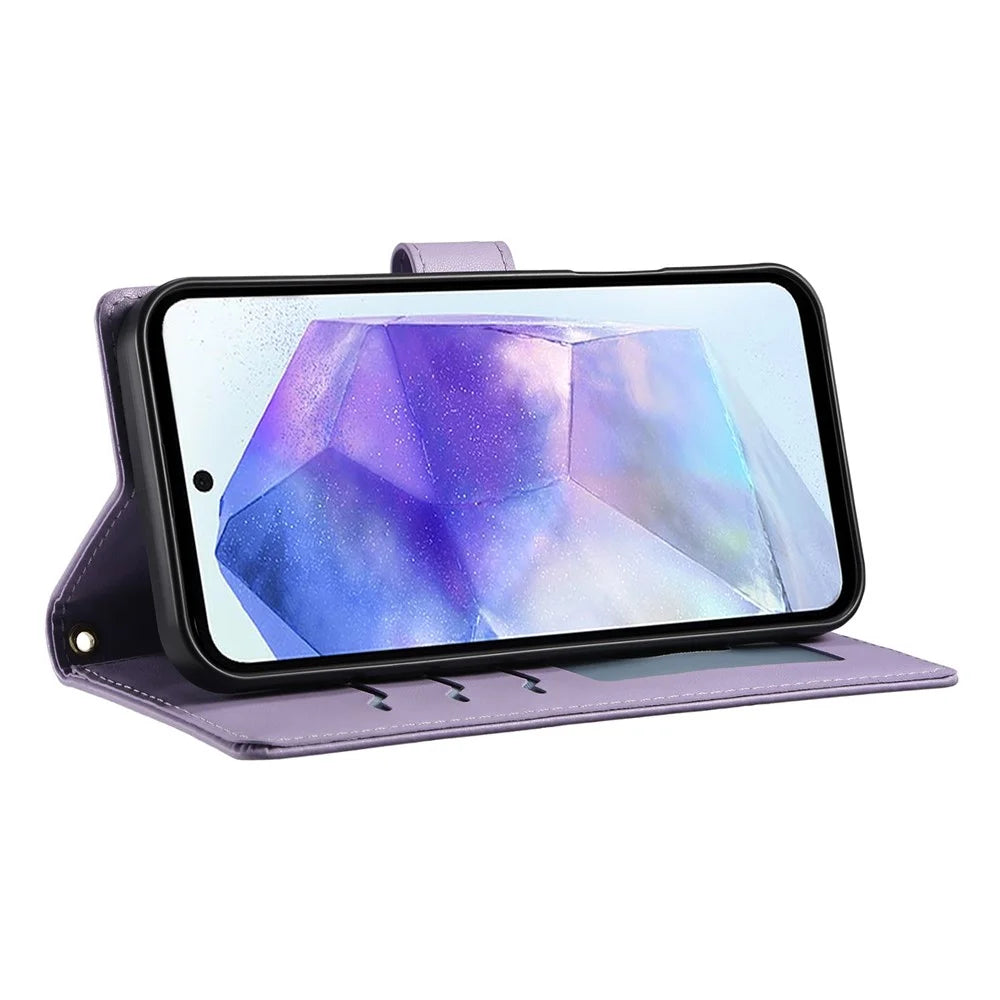 For Samsung Galaxy A55 5G Case Rhombus Stitching Wallet Stand Leather Phone Cover with Long  /  Short Strap - Purple - 3