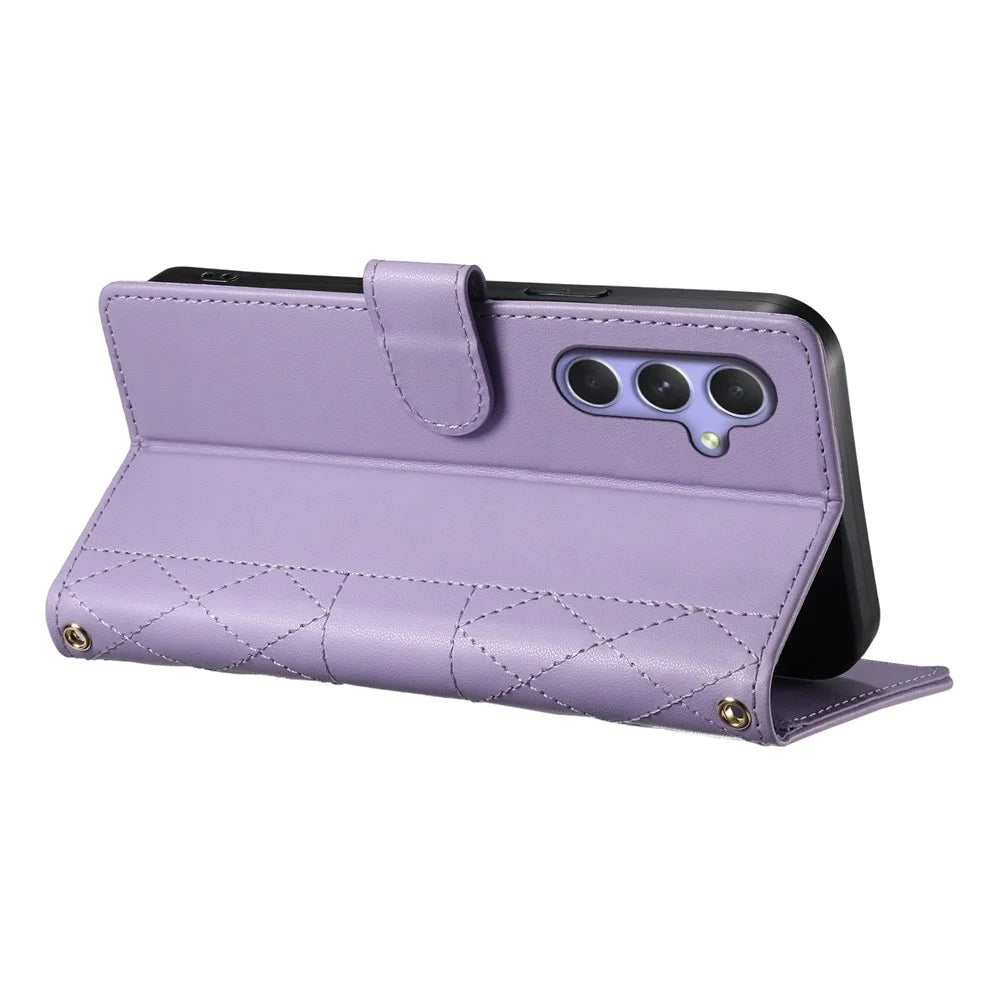 For Samsung Galaxy A55 5G Case Rhombus Stitching Wallet Stand Leather Phone Cover with Long  /  Short Strap - Purple - 4