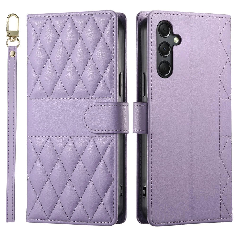 For Samsung Galaxy A24 4G (162.1 x 77.6 x 8.3mm) Case Rhombus Stitching Wallet Stand Leather Phone Cover with Long  /  Short Strap - Purple - 1